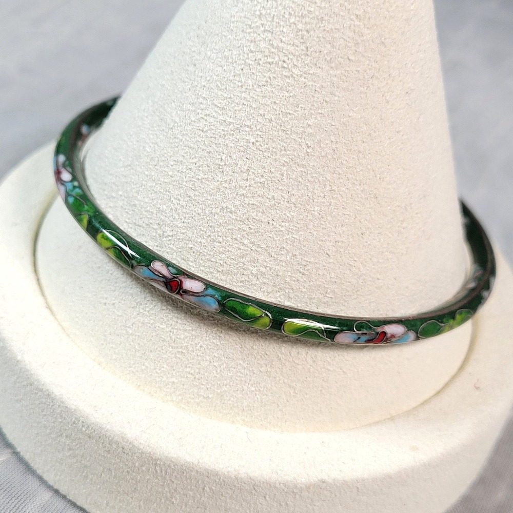 Green Cloisonne Flower Bangle Bracelet Floral Enamel Size 8 Jewelry